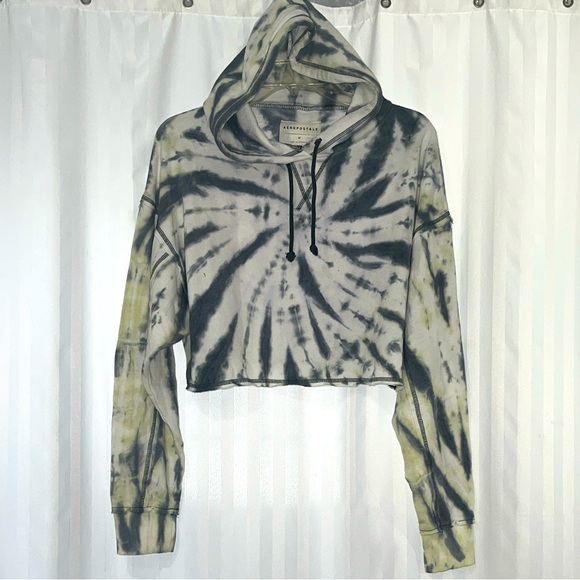Aeropostale Spiral Tie-Dye Cropped Hoodie - Black Yellow On White - Picture 1 of 6